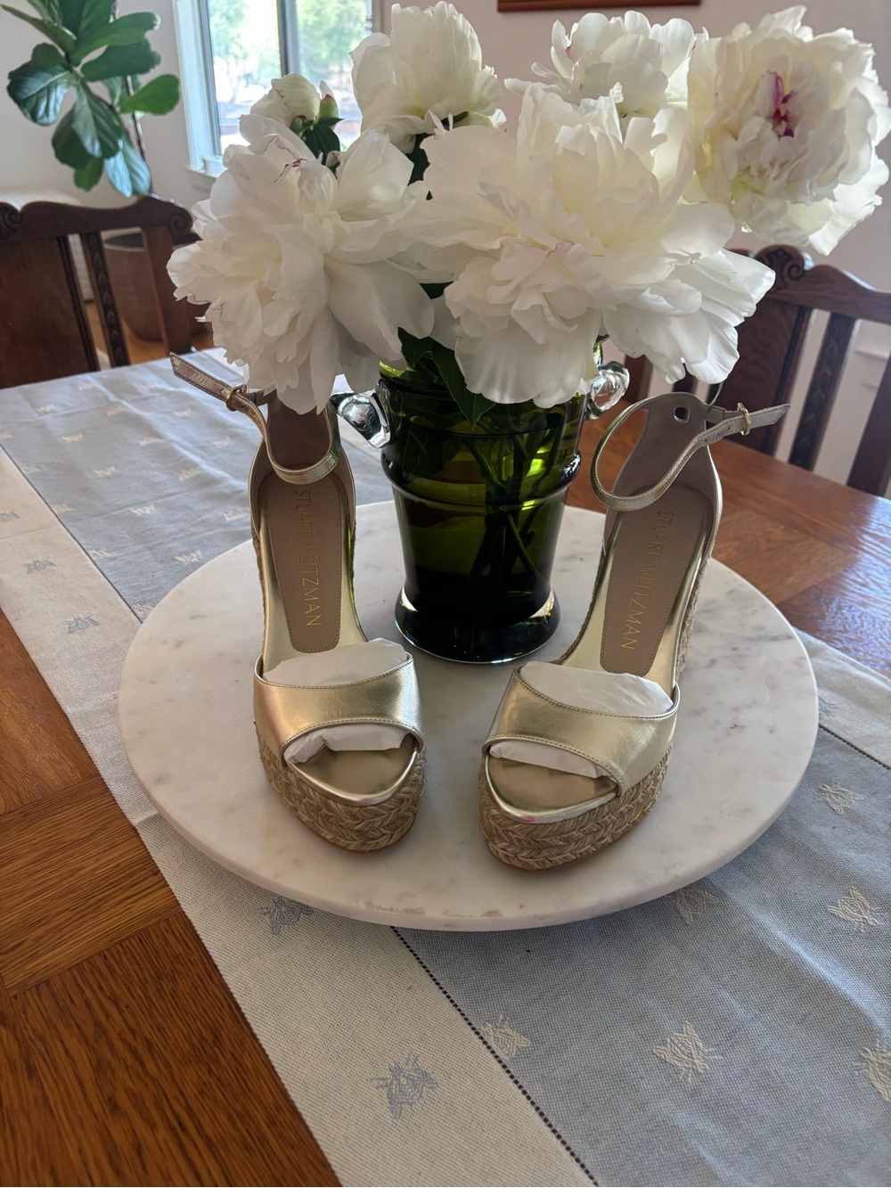 Stuart Weitzman Gold Metallic Espadrille Wedge Sandals with Ankle Strap